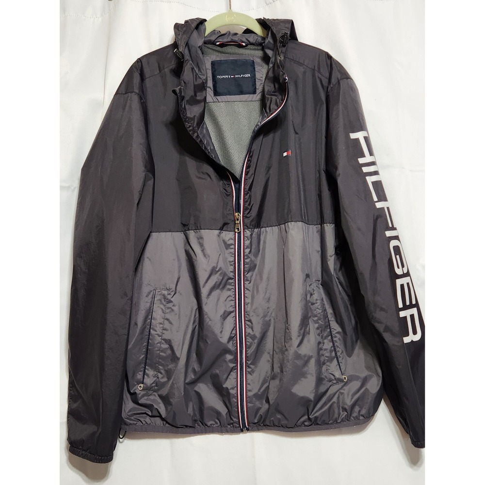 Tommy Hilfiger Mens Windbreaker Jacket‎ XL Black Grey Colorblock Hooded Full Zip